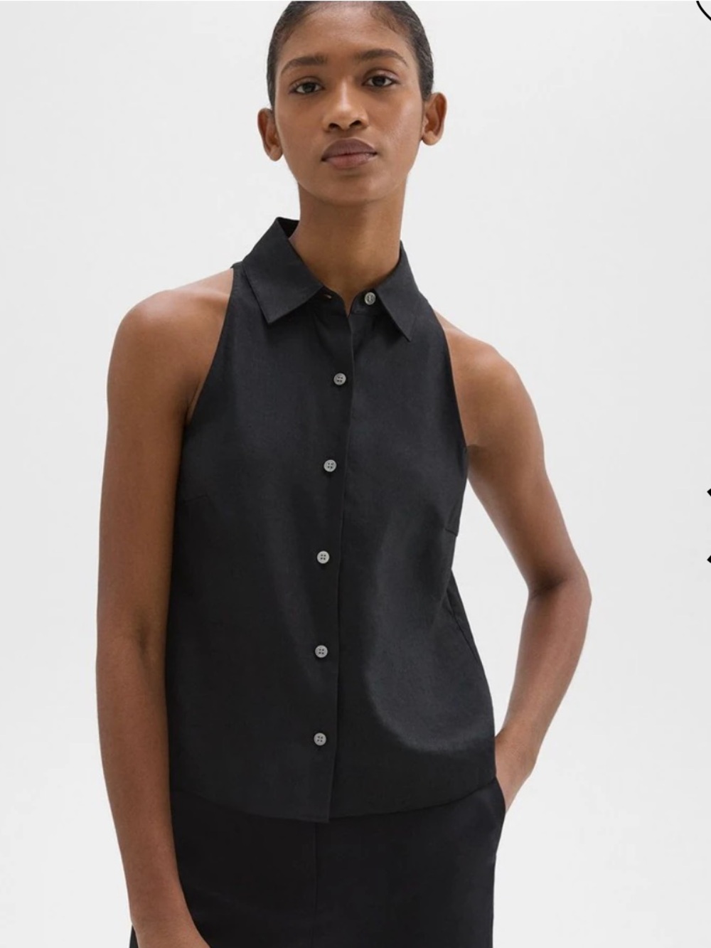NWT Theory Black Halter Button Up Shirt Linen-Viscose Sz XL